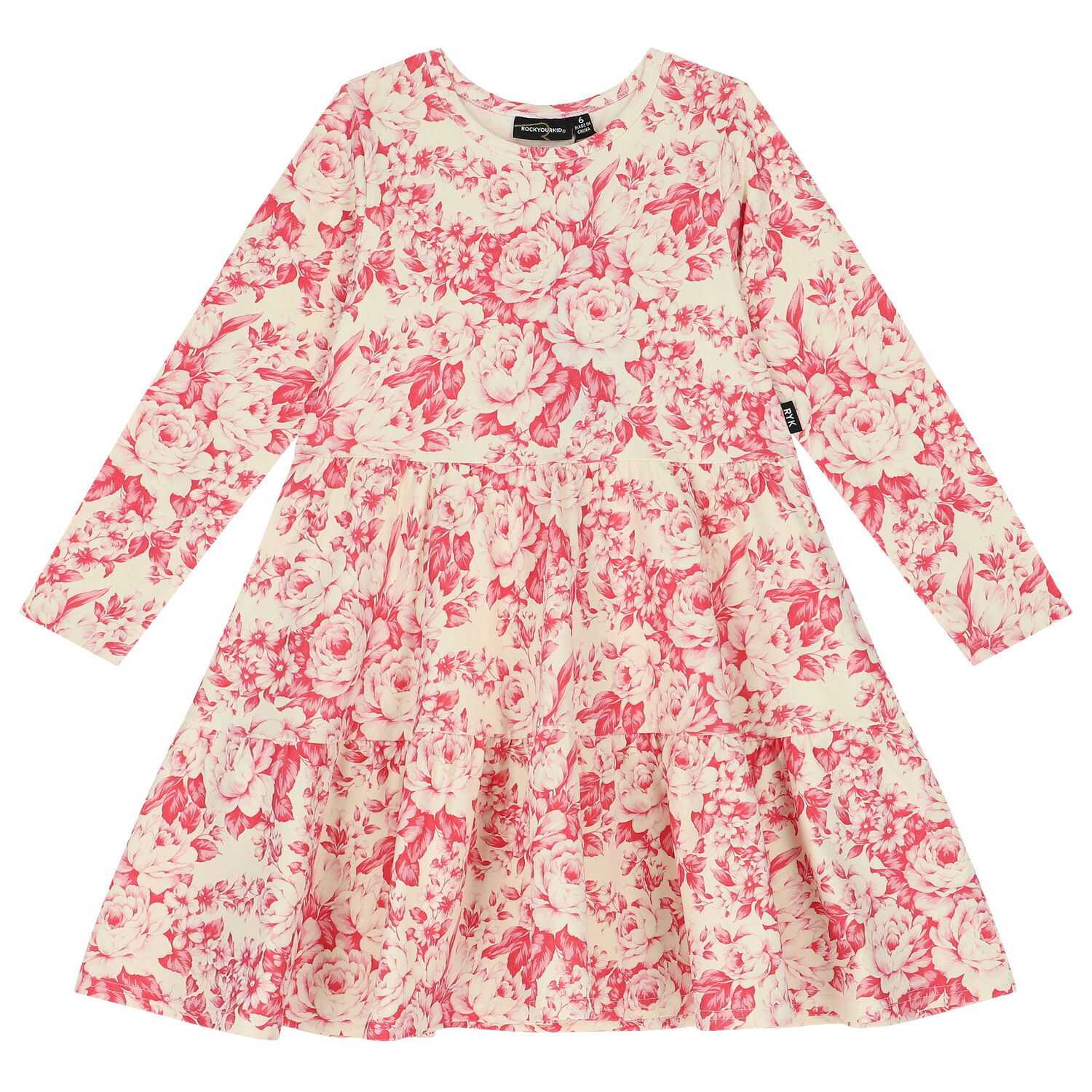 Girls Ivory & Pink Floral Tiered Dress, 1, hi-res
