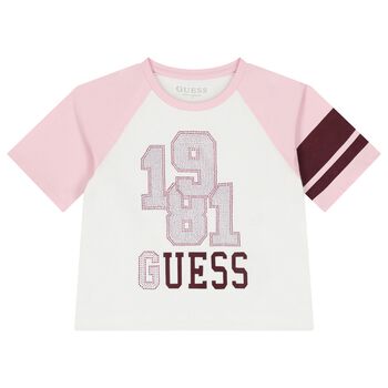 Girls Ivory & Pink Embellished Logo T-Shirt