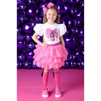 Girls White & Pink Heart Tulle Skirt Set