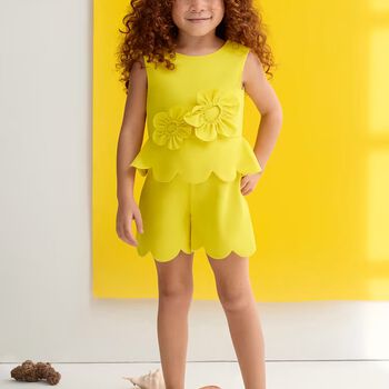 Girls Yellow 3D Flowed Crepe Playsuit