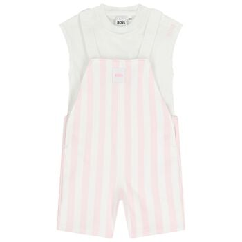 Baby Girls White & Pink Striped Logo Dungaree Set