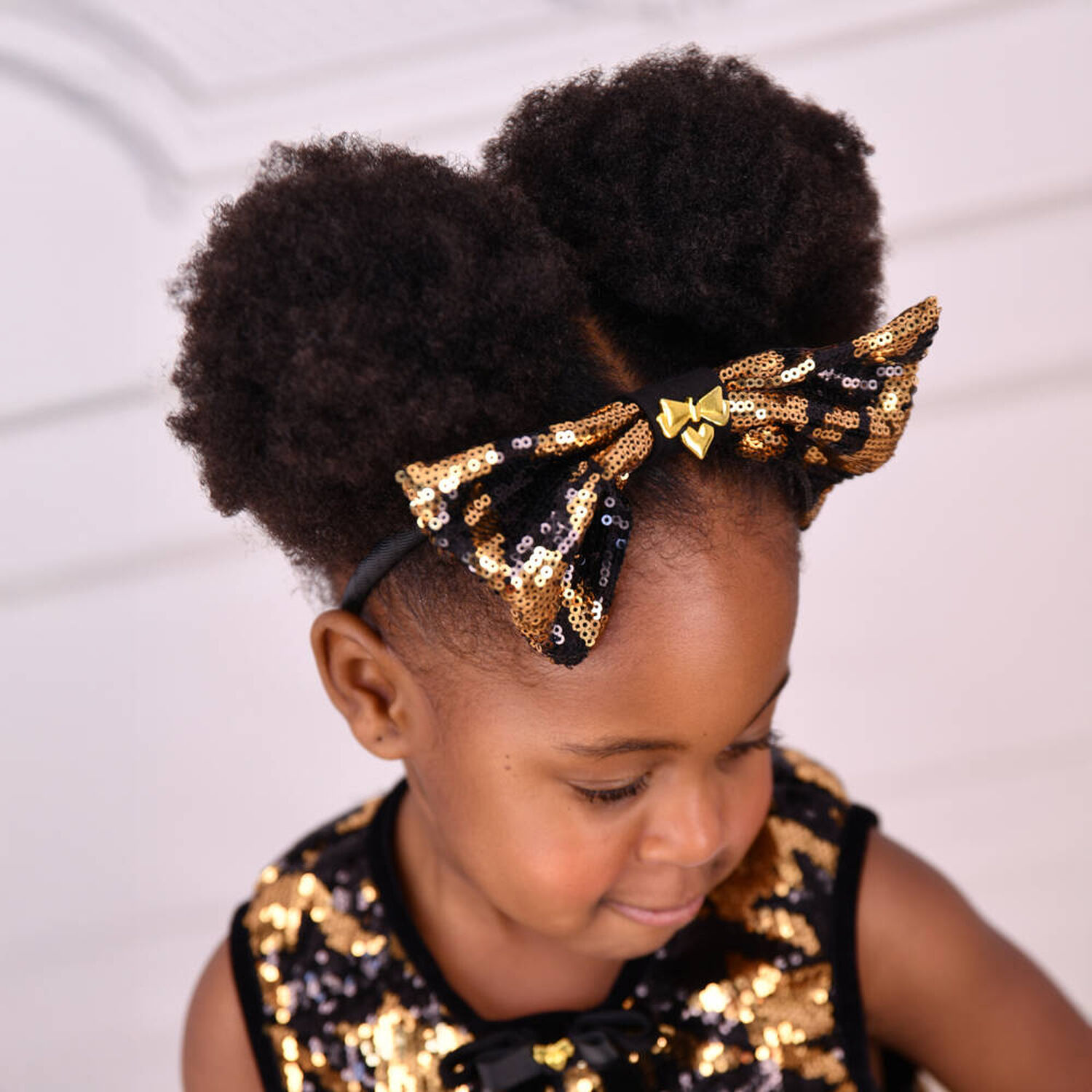 Girls Black & Gold Houndstooth Bow Headband, 1, hi-res