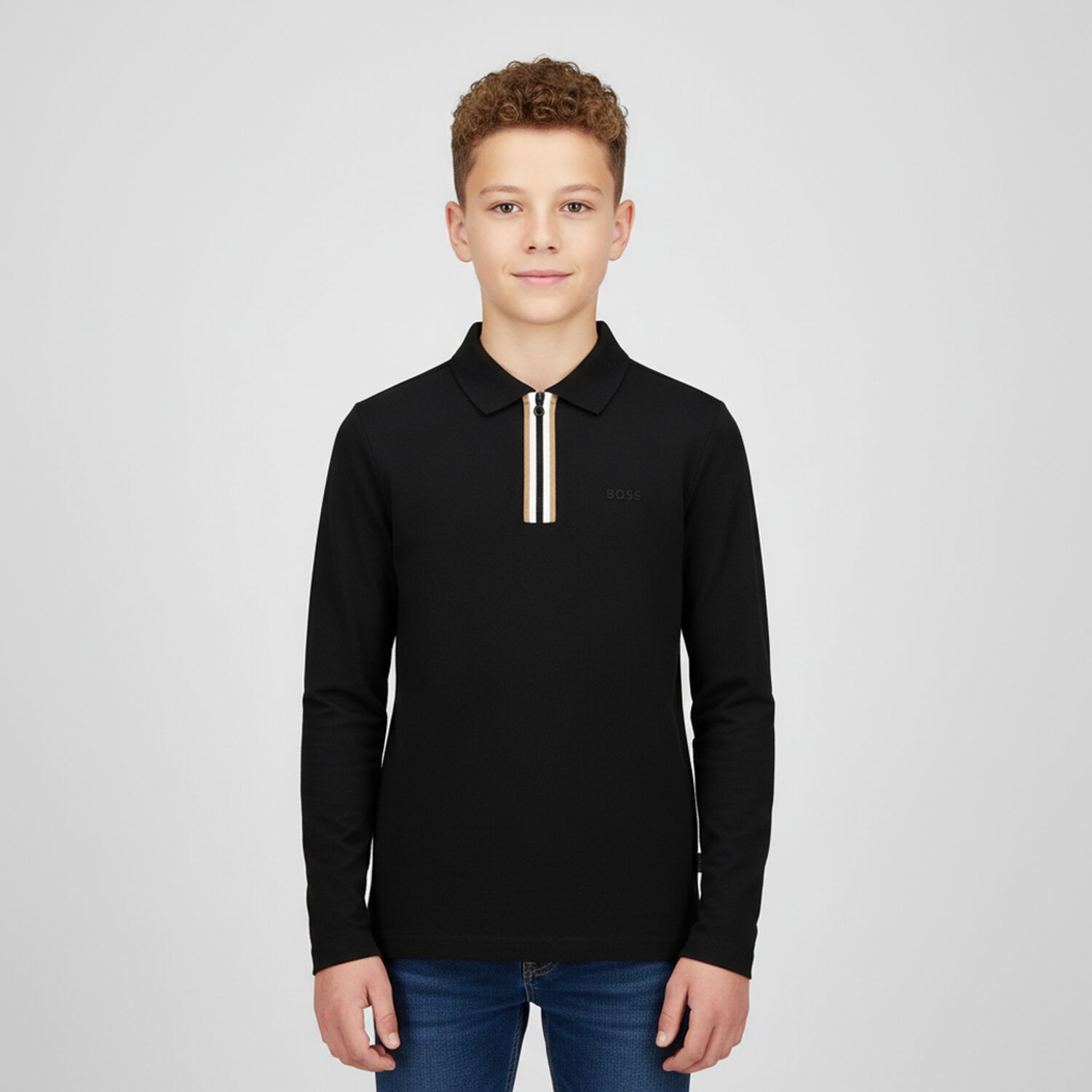 Boys Black Logo Long Sleeve Polo Shirt, 1, hi-res
