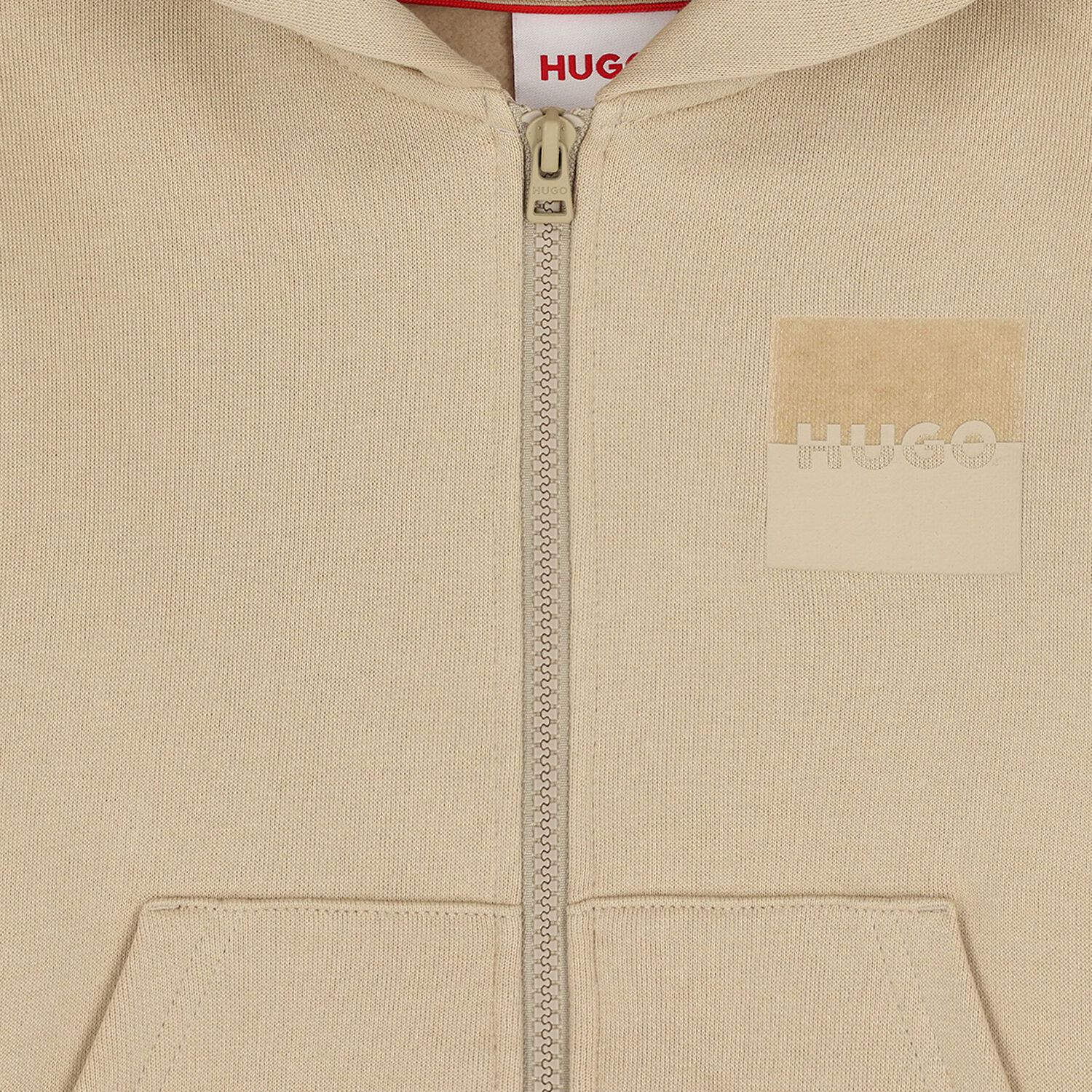 Boys Beige Logo Hooded Zip Up Top, 2, hi-res
