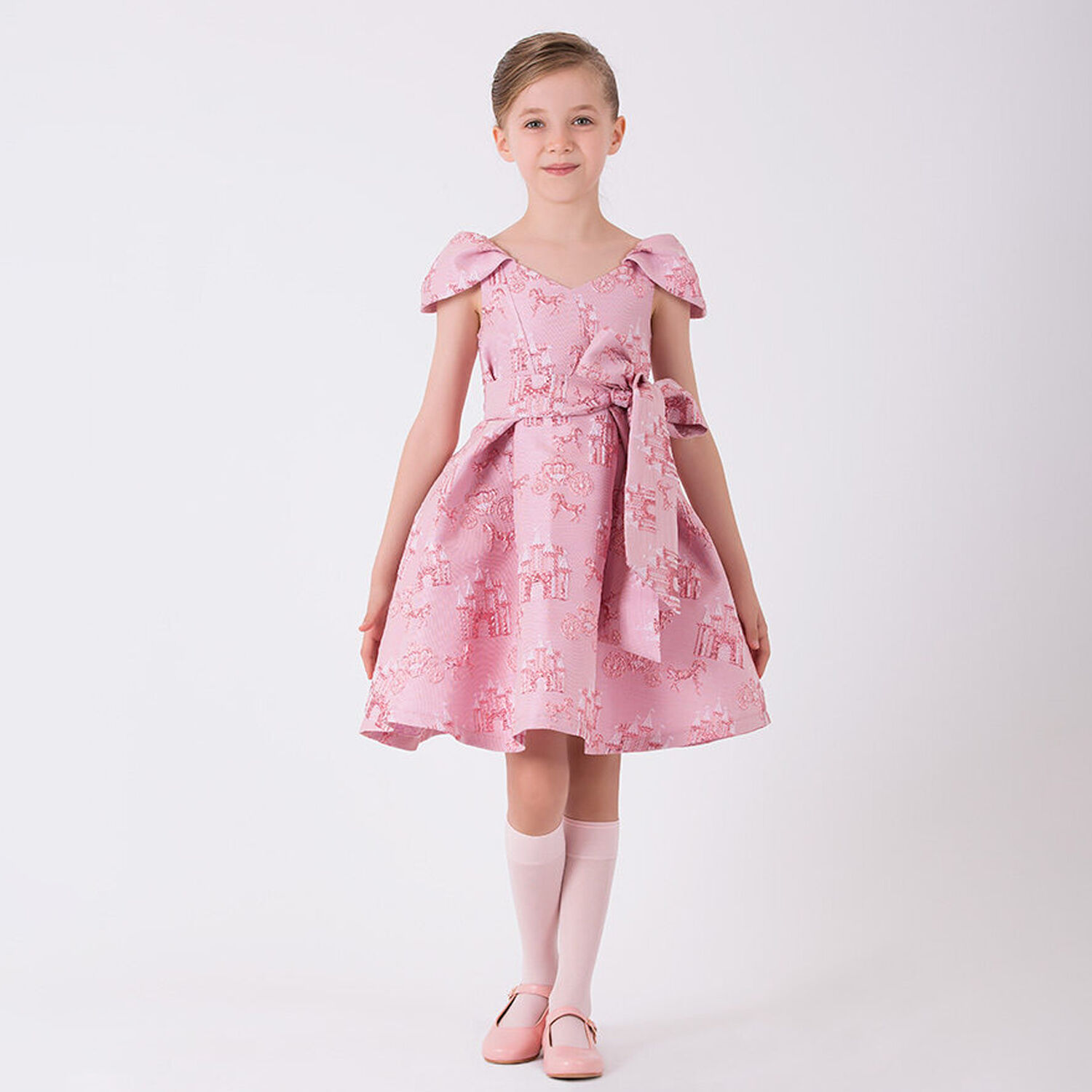 Girls Pink Castle Jacquard Dress, 1, hi-res