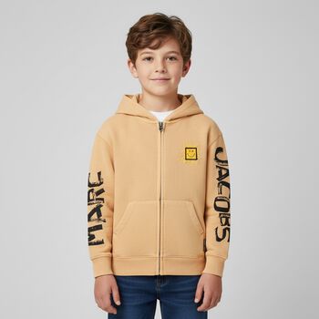 Beige Logo Hooded Zip Up Top