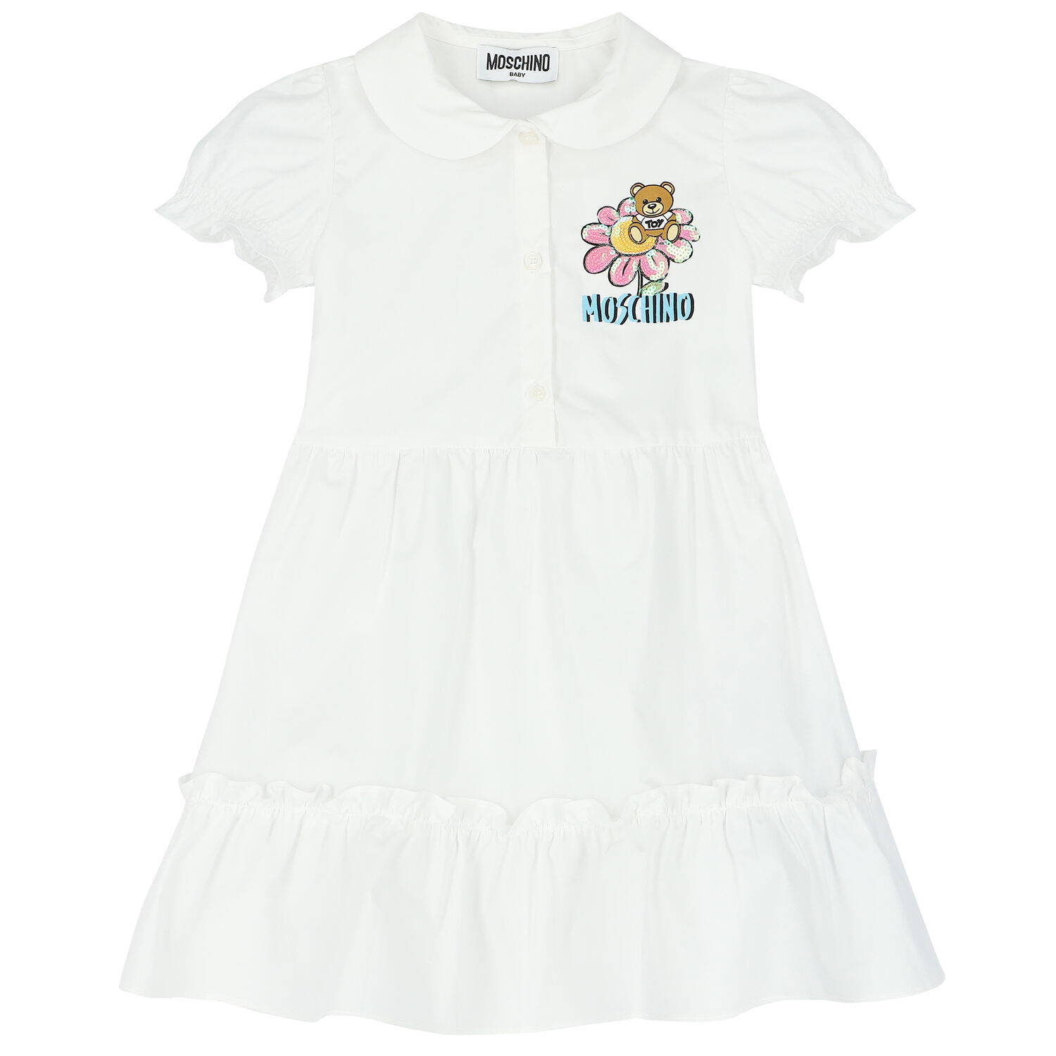 Younger Girls White Teddy Bear Logo Dress, 1, hi-res