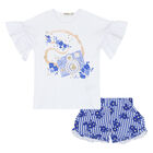 Girls White & Blue Camera Shorts Set, 1, hi-res