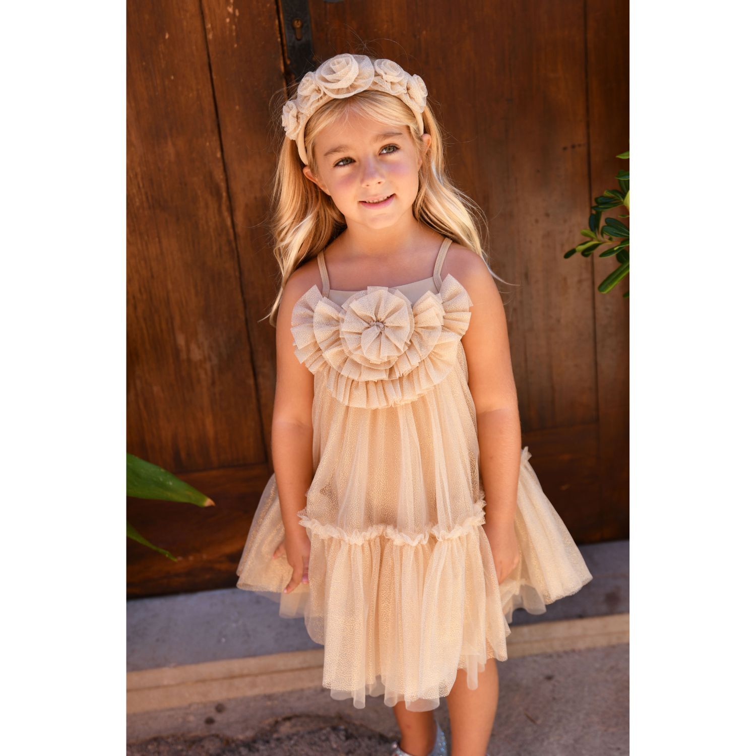 Girls Gold Embellished Tulle Dress, 1, hi-res