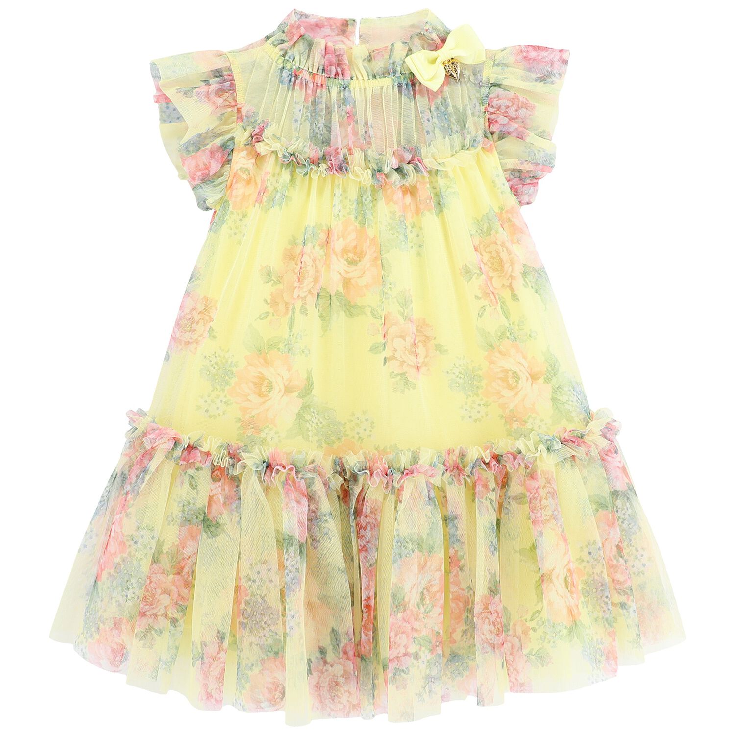 Girls Yellow Floral Tulle Dress, 5, hi-res