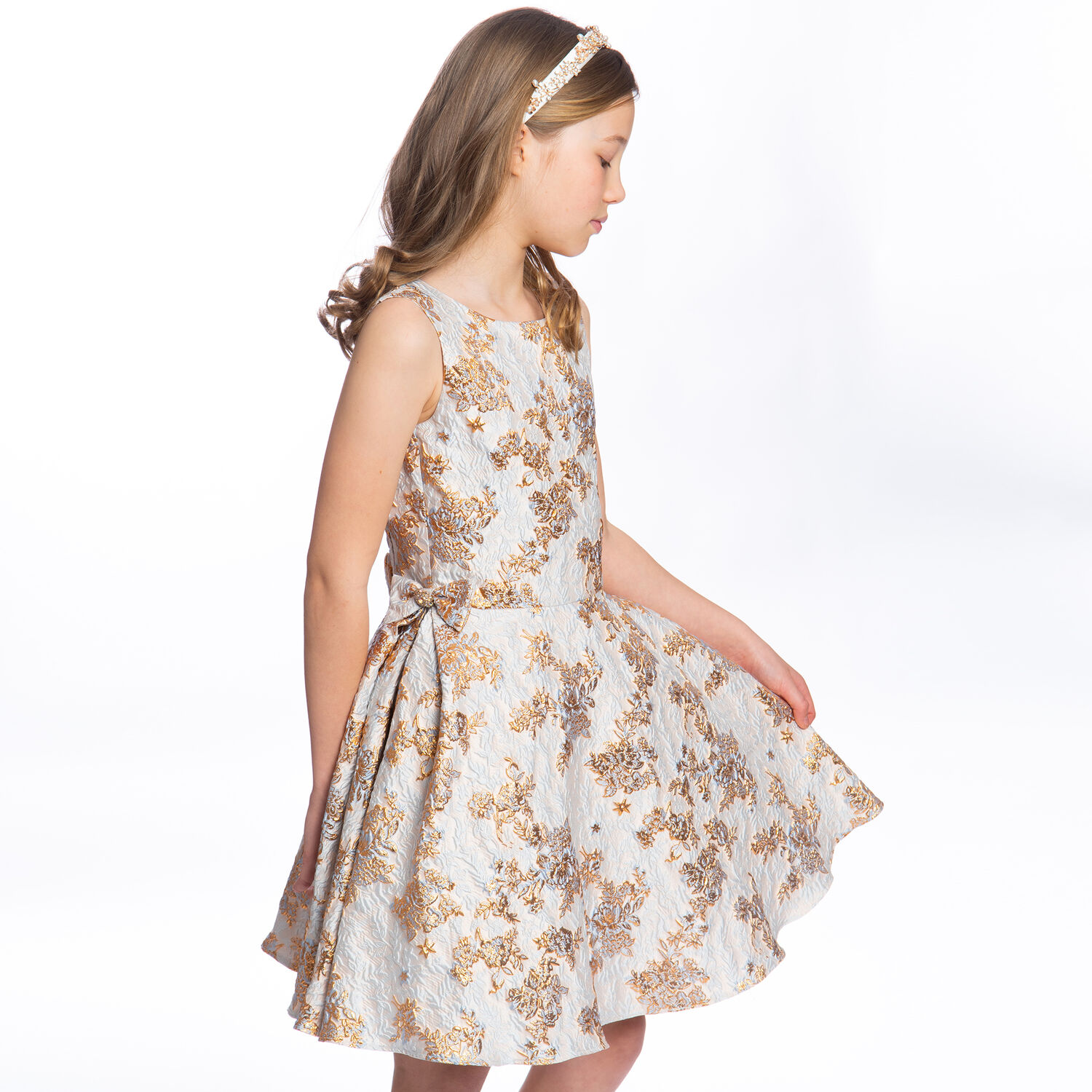 Girls Blue & Gold Brocade Dress, 1, hi-res image number null
