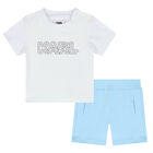 Younger Boys White & Blue Logo Shorts Set, 1, hi-res