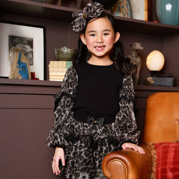 Girls Black Leopard Tulle Long Sleeve Top