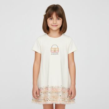Girls Ivory Bag Sequin Dress