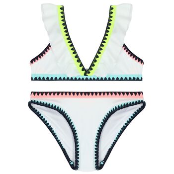 Girls White Ruffled & Embroidered Bikini