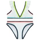 Girls White Ruffled & Embroidered Bikini, 1, hi-res