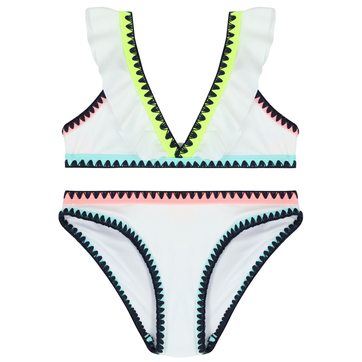 Girls White Ruffled & Embroidered Bikini, 1, hi-res image number null