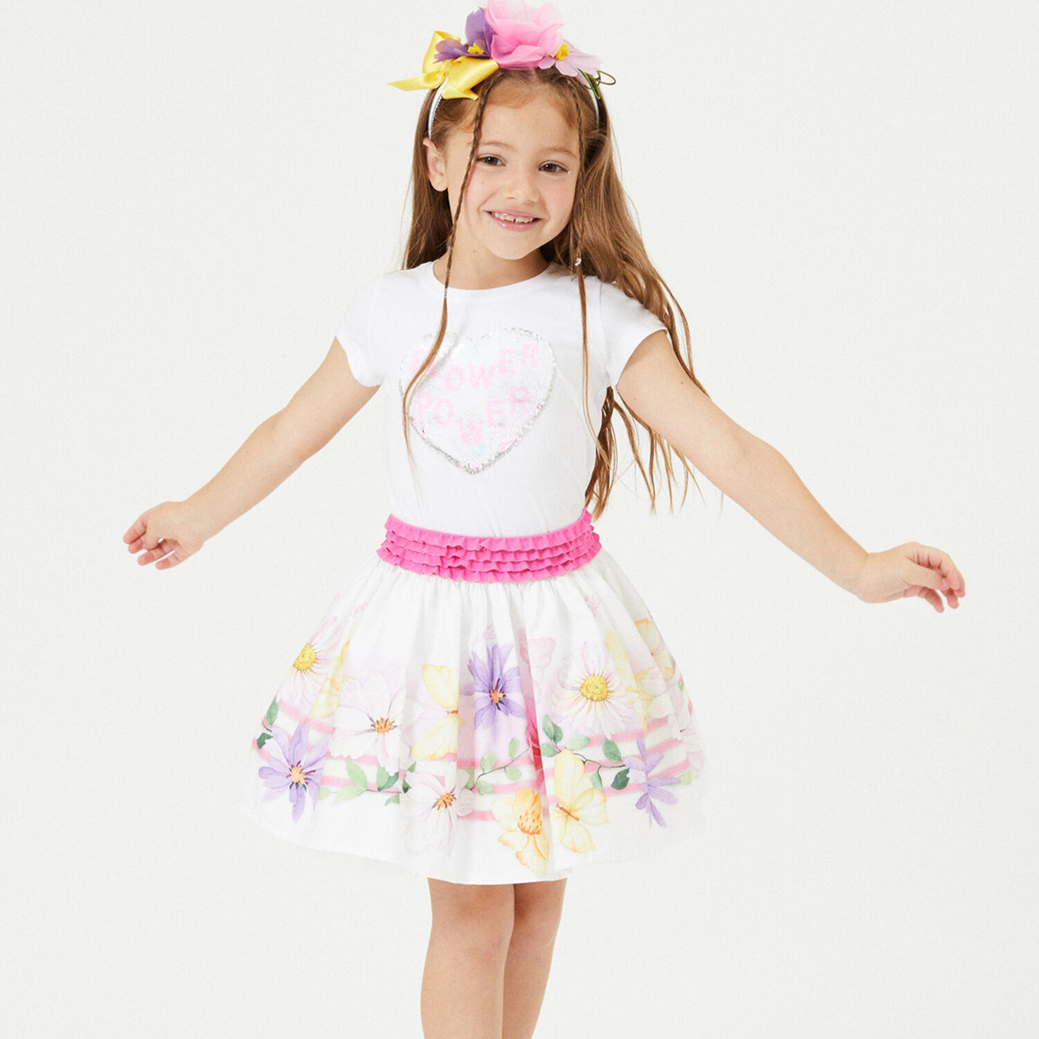 Girls White Floral Skirt Set, 1, hi-res
