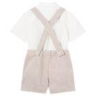 Younger Boys White & Beige Dungaree Set, 2, hi-res