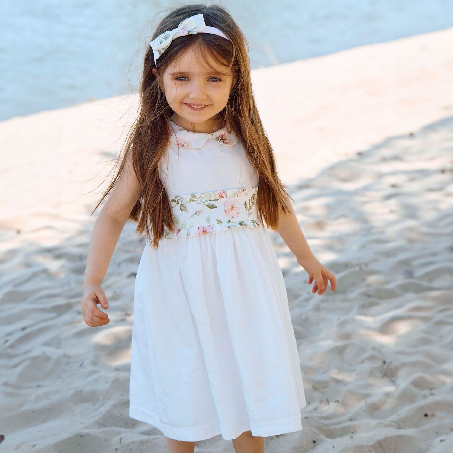 Girls White Ruffled Floral Dress, 1, hi-res