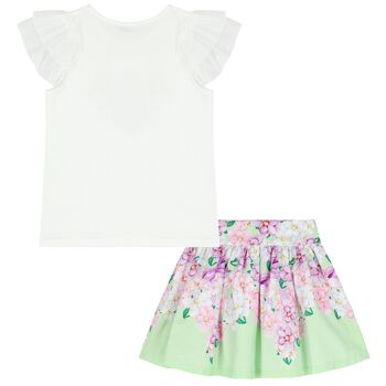 Girls White & Green Floral Skirt Set