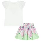 Girls White & Green Floral Skirt Set, 1, hi-res