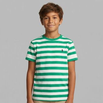 Boys White & Green Striped Logo T-Shirt