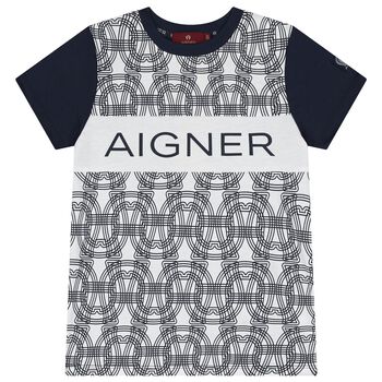 Boys White & Navy Blue Logo T-Shirt