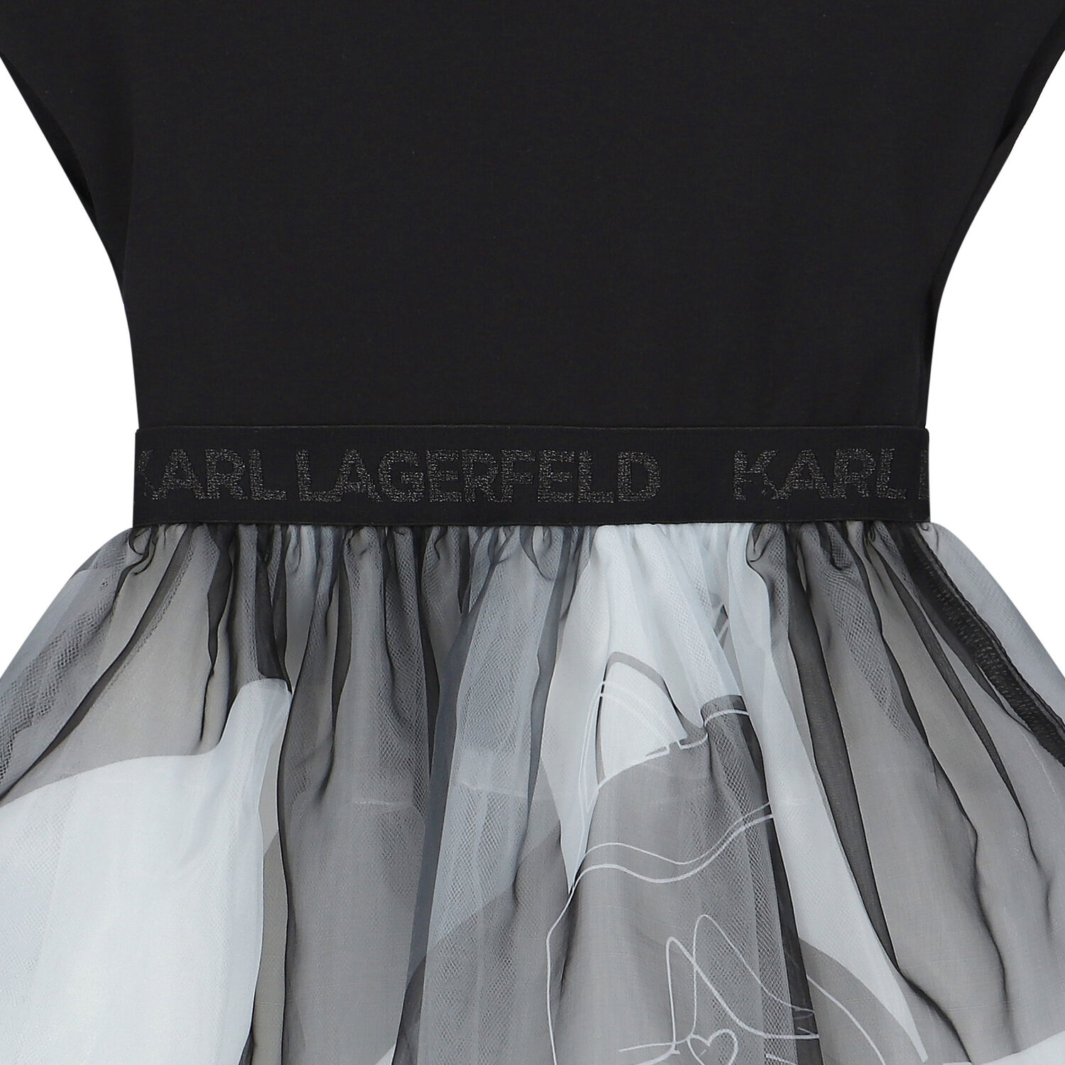 Younger Girls Black & White Logo Organza Dress, 1, hi-res