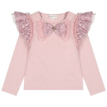 Girls Pink Sequin Lace Bow Carina Long Sleeve Top