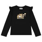 Girls Black Teddy Bear Logo Long Sleeve Top, 2, hi-res