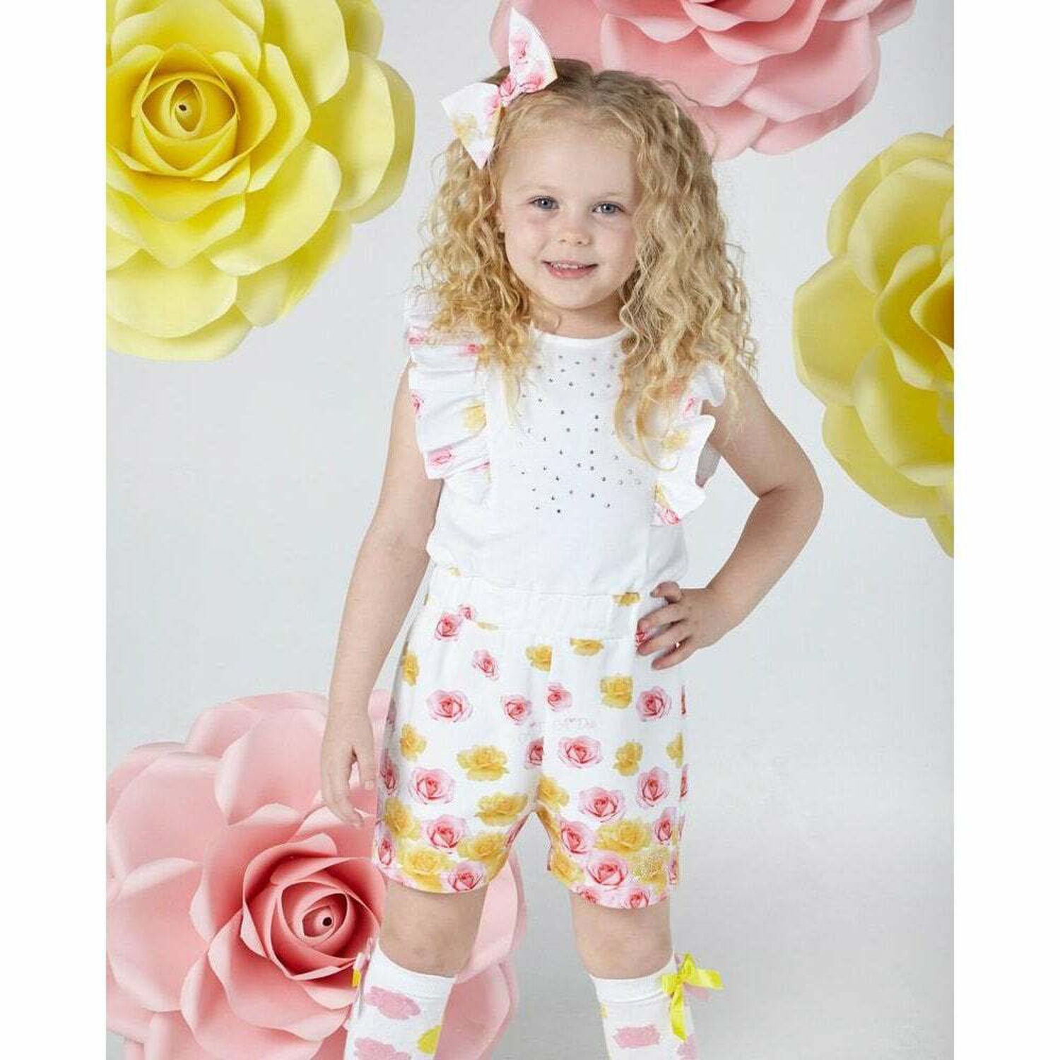 Girls White Rose Print Playsuit, 1, hi-res image number null