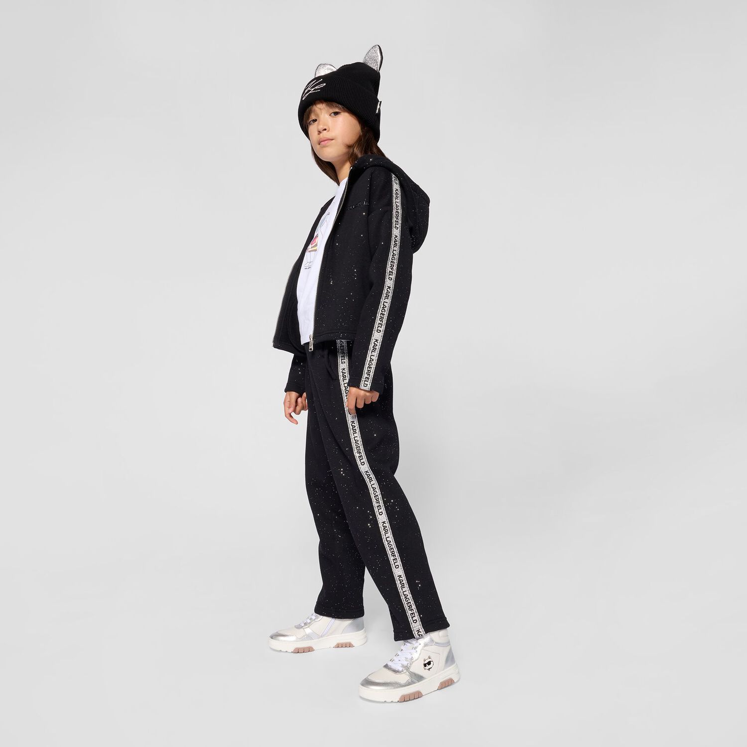 Girls Black Glittery Hooded Zip Up Top, 1, hi-res