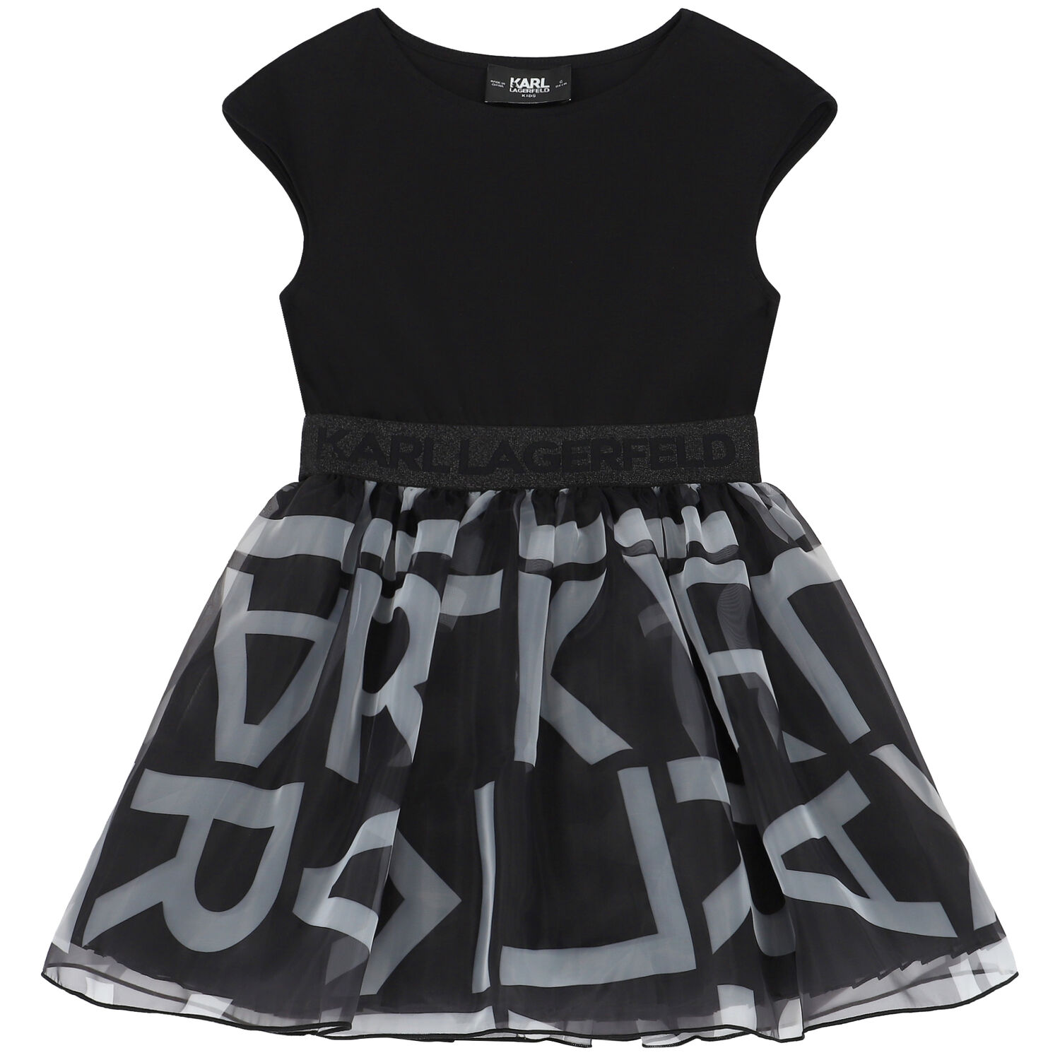 Girls Black & White Logo Organza Dress, 1, hi-res