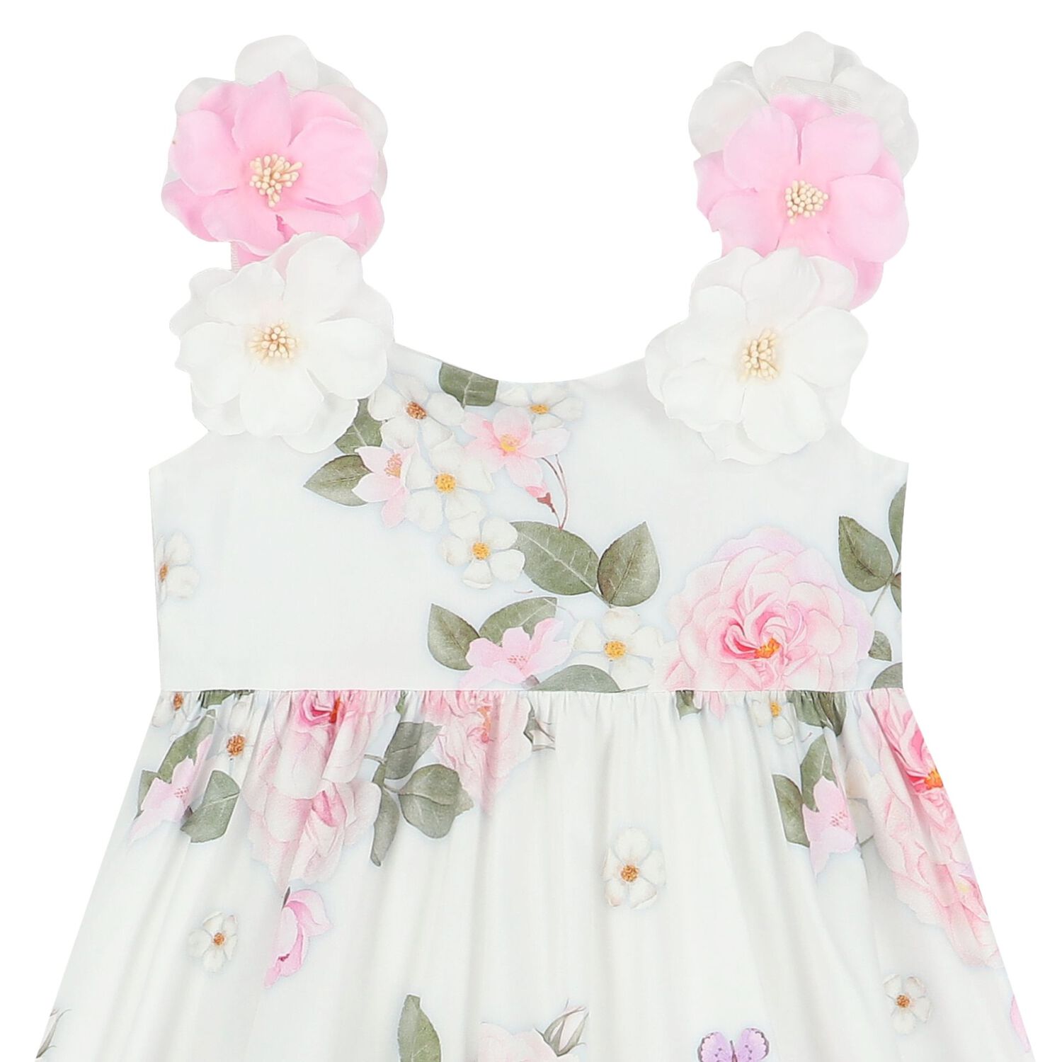 Girls White Flower & Butterfly Dress, 1, hi-res
