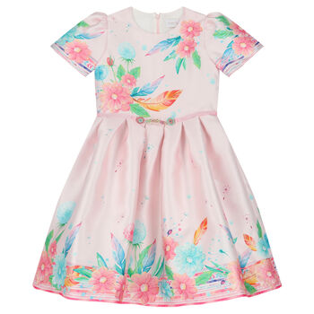 Girls Pink Satin Floral Dress