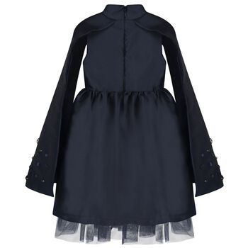 Girls Navy Blue Crystal Cape Sleeve Dress