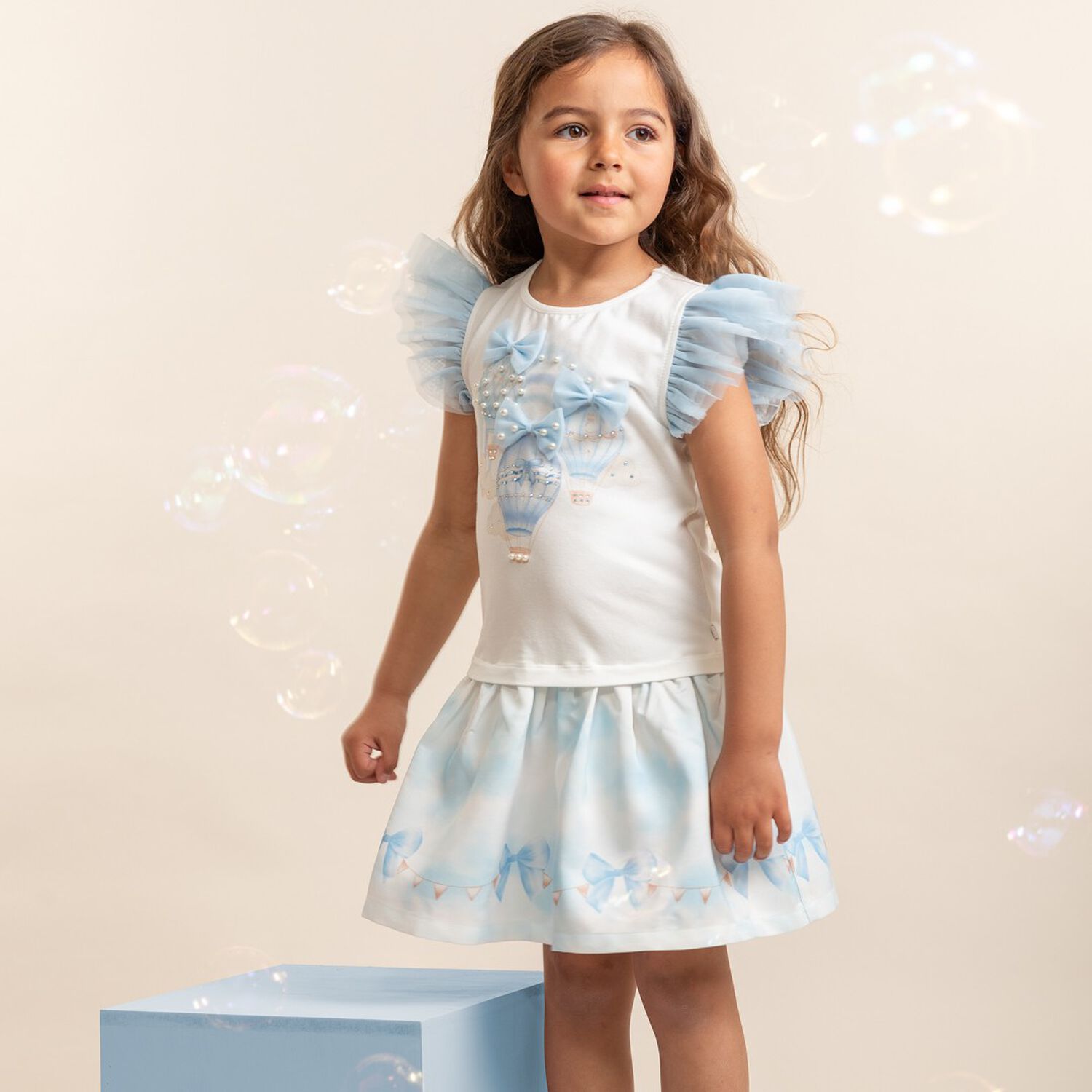 Girls White & Blue Balloon Dress, 1, hi-res image number null