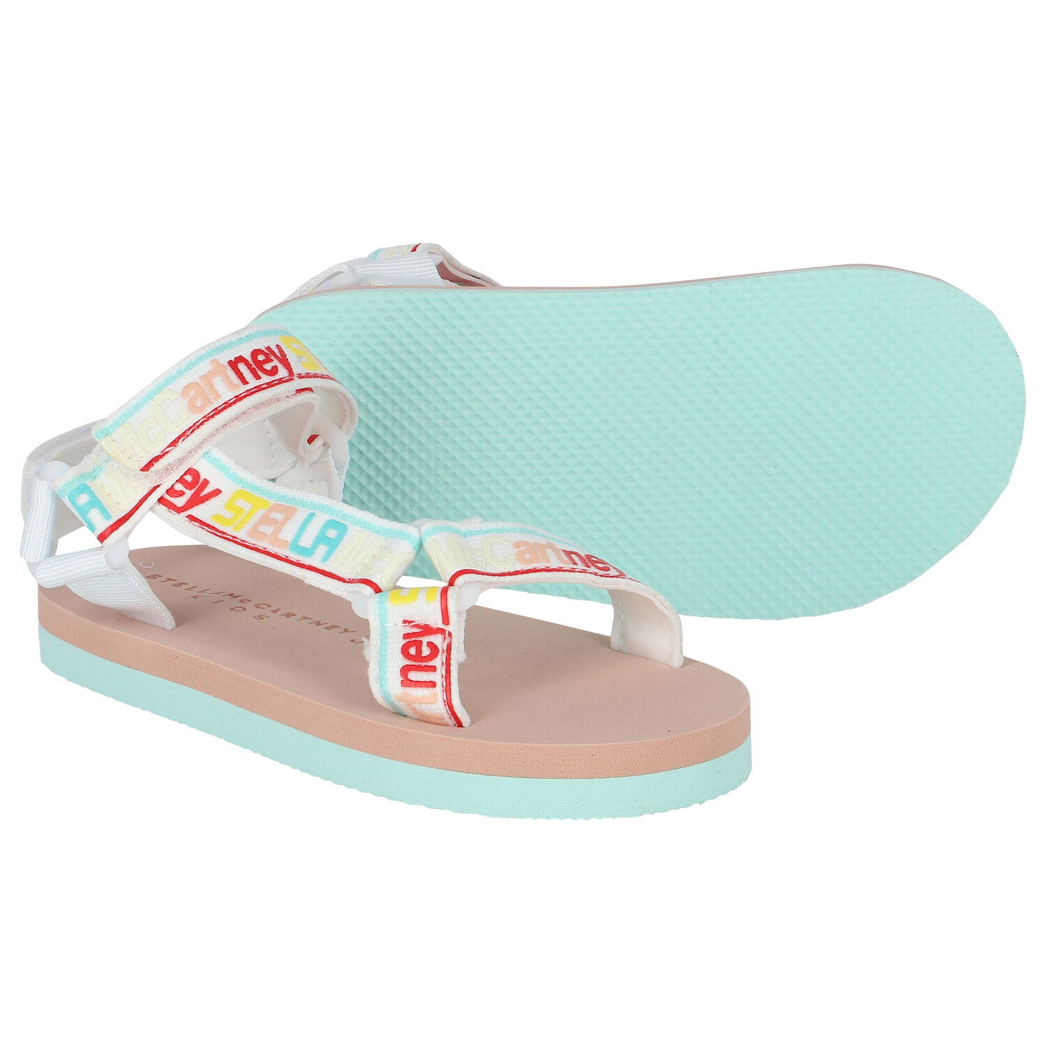 Girls White, Beige & Aqua Logo Sandals, 1, hi-res