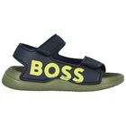 Boys Navy Blue & Green Logo Sandals, 2, hi-res