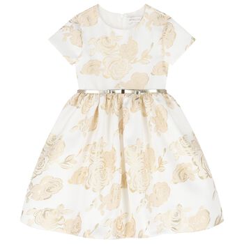 Girls White & Gold Rose Dress