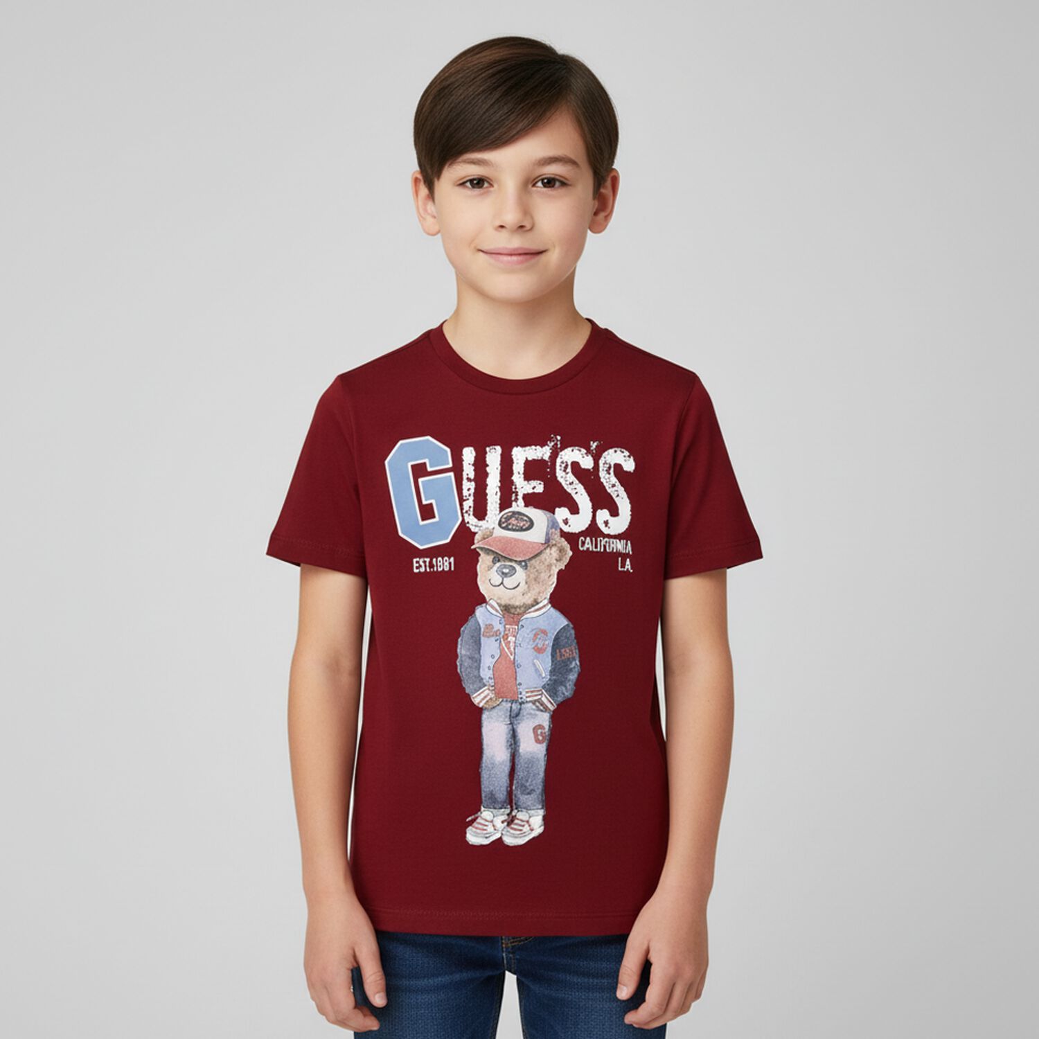 Boys Burgundy Teddy Bear Logo T-Shirt, 3, hi-res