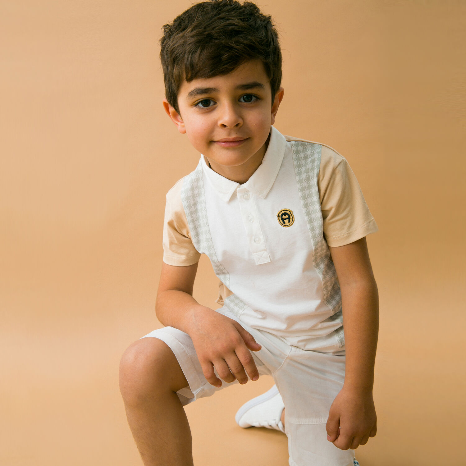 Boys White & Beige Logo Polo Shirt, 1, hi-res
