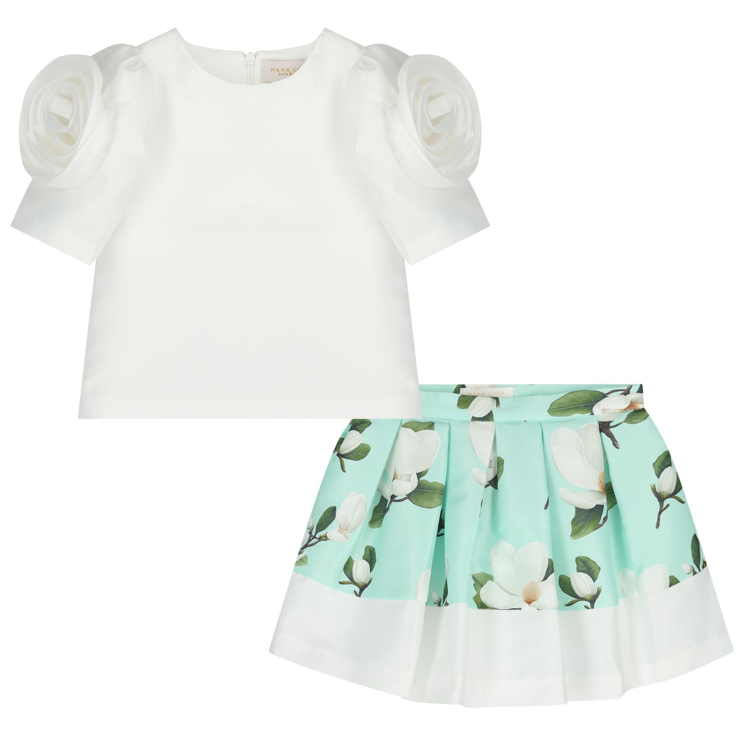 Girls White & Green Floral Skirt Set, 1, hi-res