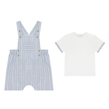 Baby Boys Blue & White Dungaree Set, 2 Baby Boys Blue & White Dungaree Set