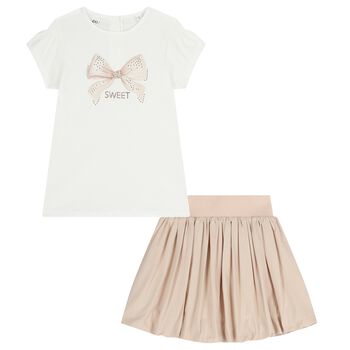 Girls Ivory & Beige Bow Skirt Set