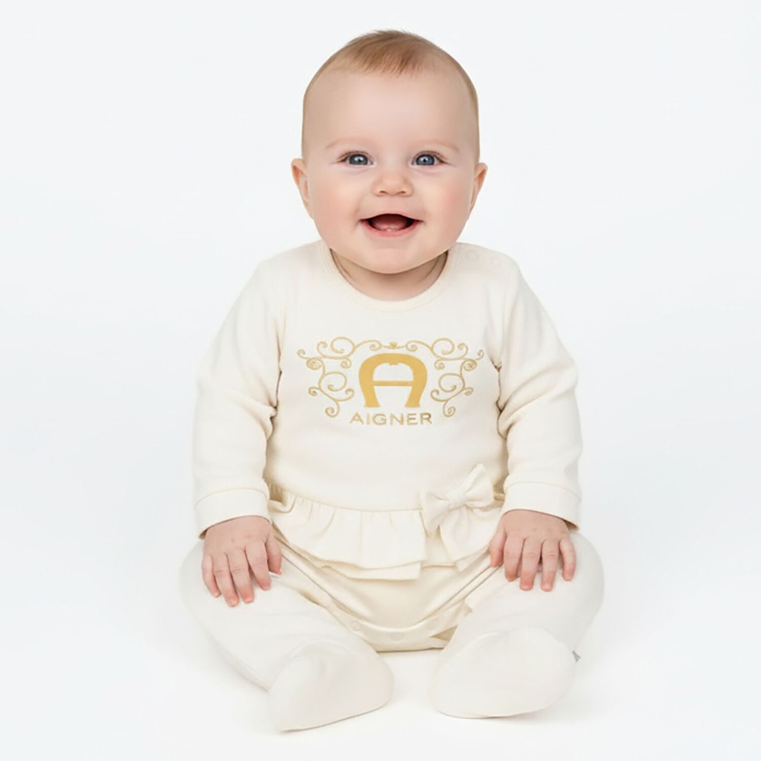 Baby Girls Ivory & Gold Logo Babygrow, 1, hi-res