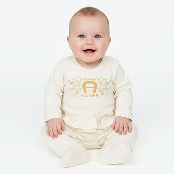 Baby Girls Ivory & Gold Logo Babygrow