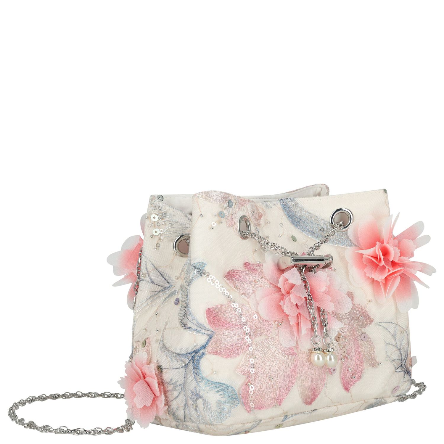 Girls Ivory & Pink 3D Flower Bag, 1, hi-res