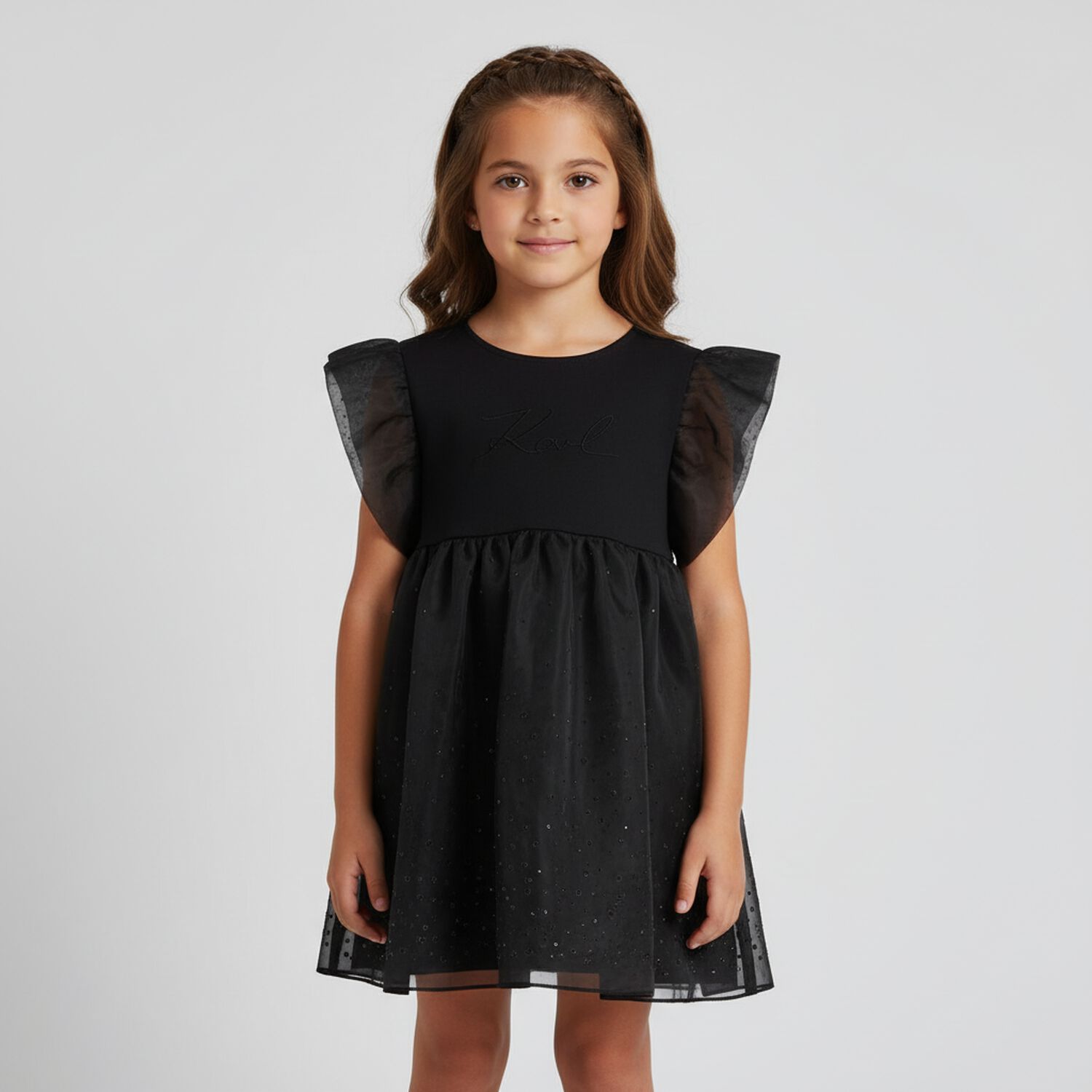 Girls Black Logo Organza Dress, 1, hi-res